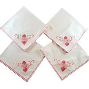 Pink Floral Embroidered Cloth Napkins 17" Vintage Cotton Set of 4 Rose